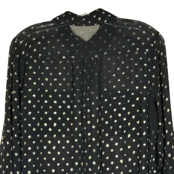 Monteau Black Long Sleeve Button Up Blouse Top Size M Polka Dot Roll Tab Sleeve - Picture 5 of 11
